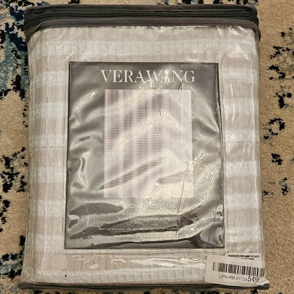 NEW Package Vera Wang Shower Curtain, Cotton with Hook Holes Top (Seersucker)